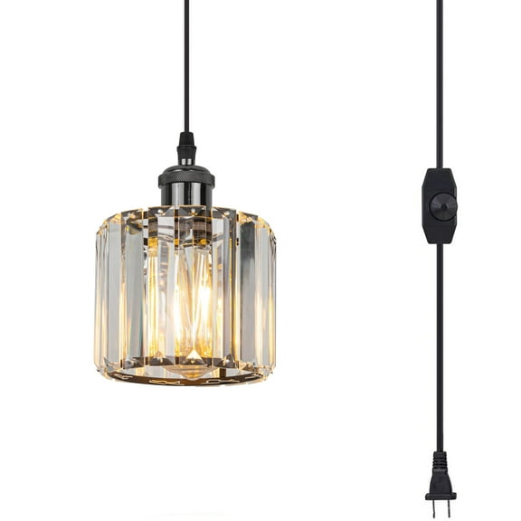 Kiven Plug in Pendant Light,Crystal Hanging Light, Dimmable Hanging Light Fixture with 15FT Cord Adjustable Height for Bedroom Hallway Kitchen Island, Pearl Black Finish