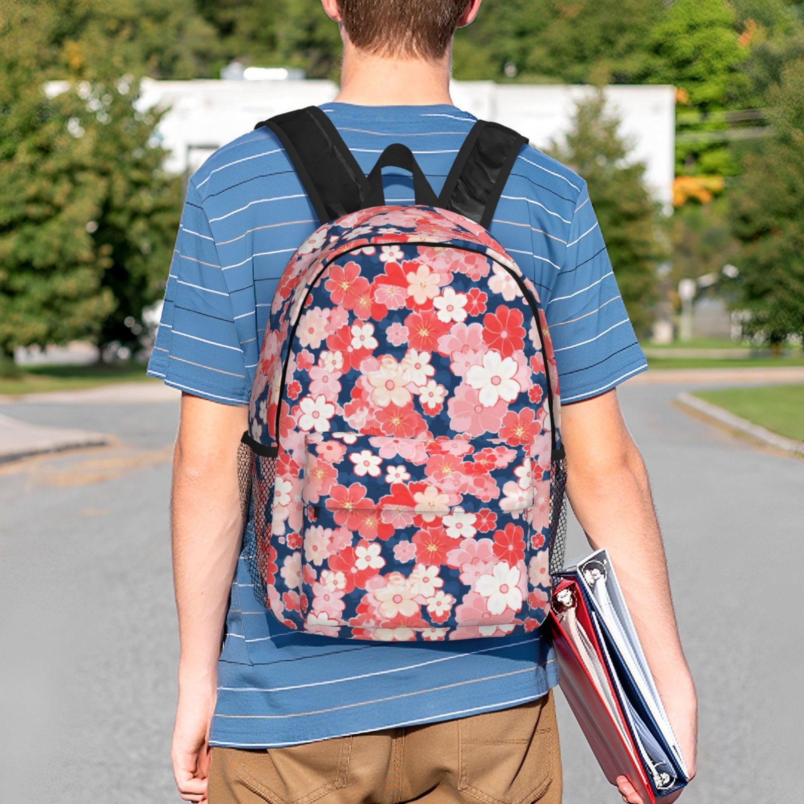 Rateoe Japanese Cherry Blossoms Pattern Student Backpack Water-resistant Backpack 15-inch Laptop Backpack Lightweight Adjustable School Backpack