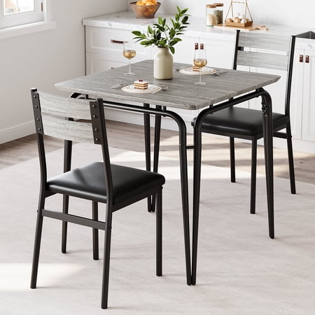 Jojoka 3 Piece Dining Set for 2, Table and 2 Upholstered Chairs, Wood Top Breakfast Dinette for Small Space, Kitchen, Apartment, Dining Room, Rustic Grey