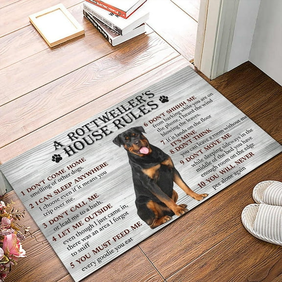 Indoor Doormat Rottweiler Dog House Rule Mat Non-Slip Absorbent Resist Dirt Front Door Mat Washable Welcome Mats Outdoor Inside Floor Rugs for Entryway/Home/Bathroom/Kitchen