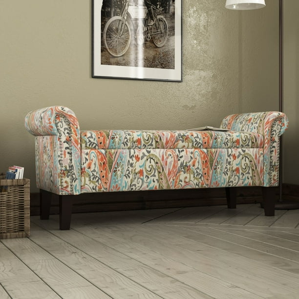 Huldah Rolled Arm Upholstered Storage Bench Seat Height Floor To 19 5 Upholstery Color Mango Orange Multi Paisley Com Huldah Rolled Arm Upholstered Storage, Rolled Arm Bench Cover