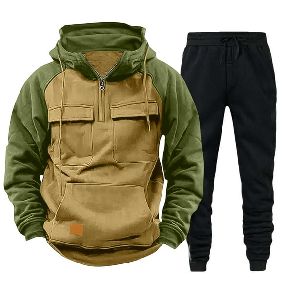 LNWUY Men's Padded Sweatshirt Sweatpants Set Casual Colorblocking Set Fall and Winter Men's Long Sleeve Hooded Set Yellow M