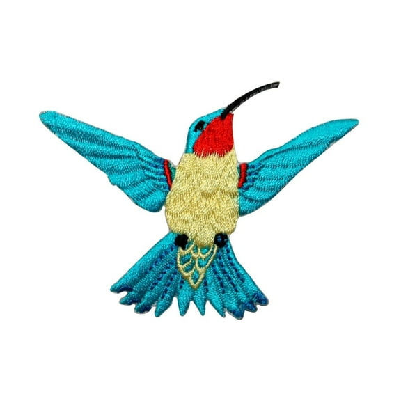 ID 0495B Blue Feathered Flying Hummingbird Patch Embroidered Iron On Applique