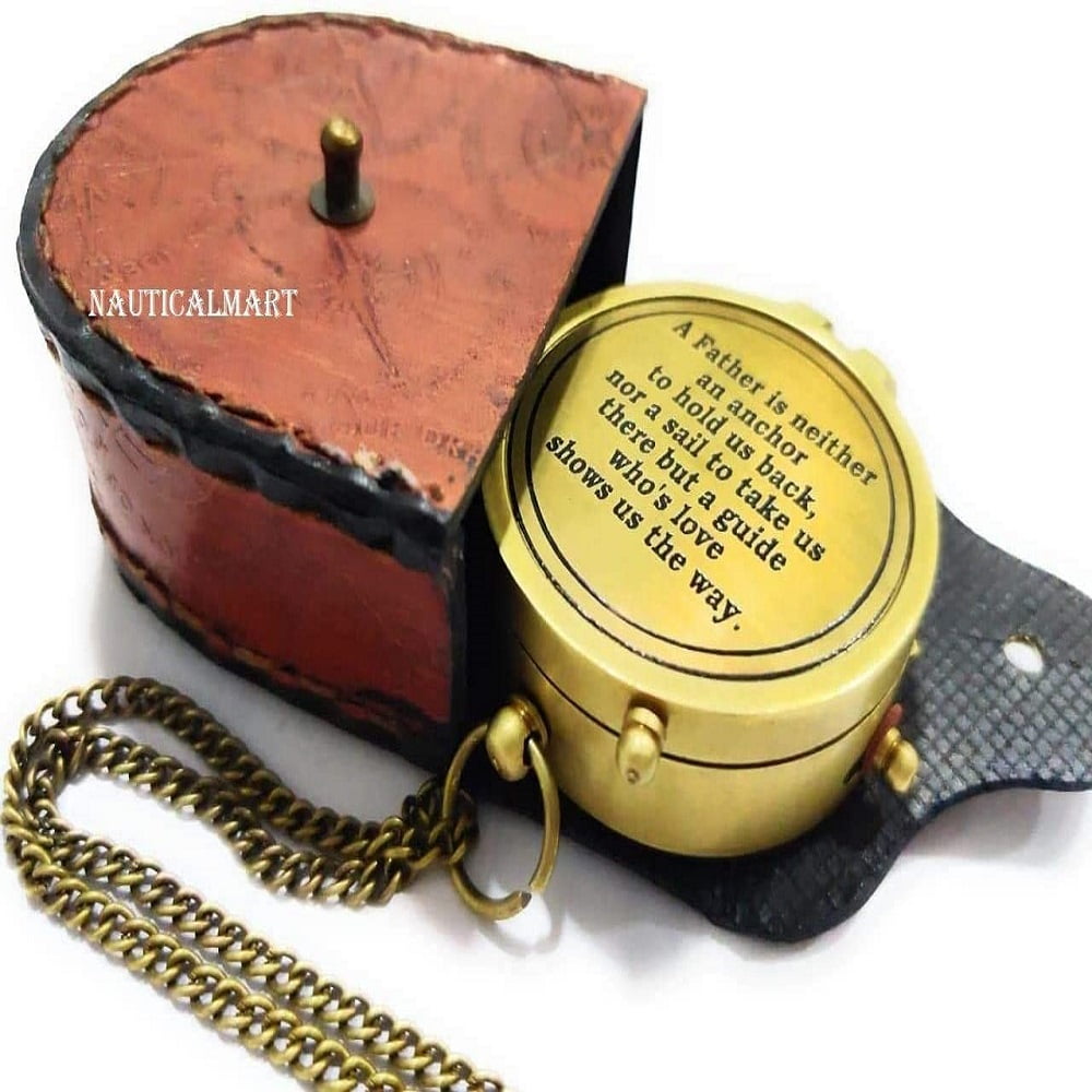 Gold Finish Ornament Brass Hand-Made Magnetic Compass and Case Pocket Leather Gi 