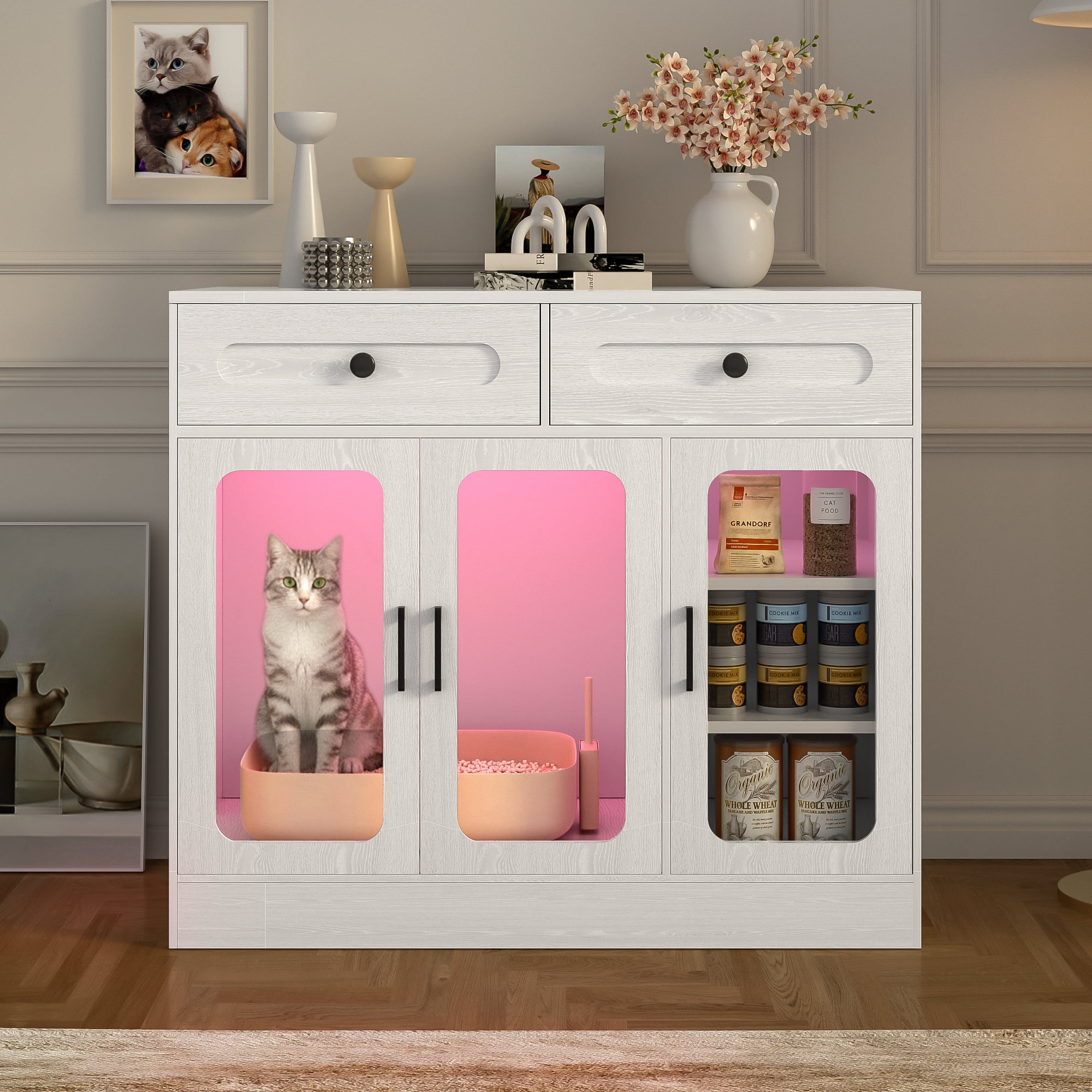 Aukfa Hidden Cat Litter Box Enclosure with LED Light, Cat Litter Box Cabinet with Storage Drawer & Acrylic Door, Modern Cat Furniture Side Table,White