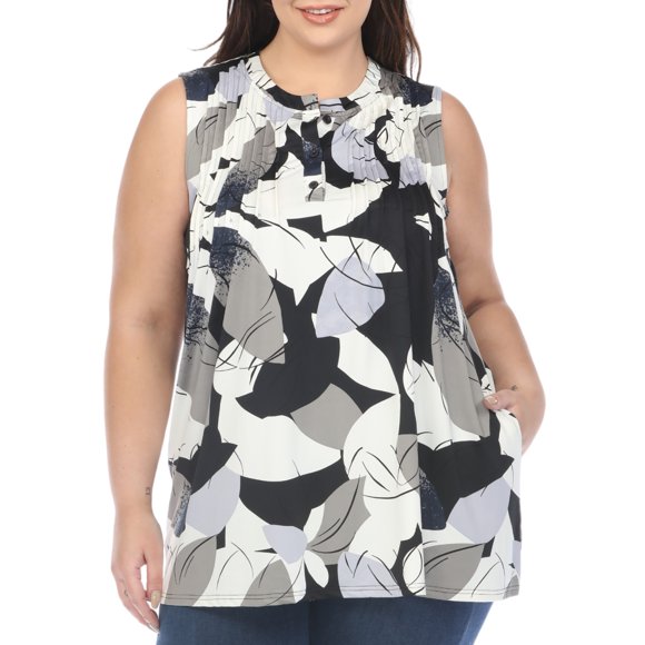 White Mark Women's Plus Size Pleated Front Sleeveless Tunic Top