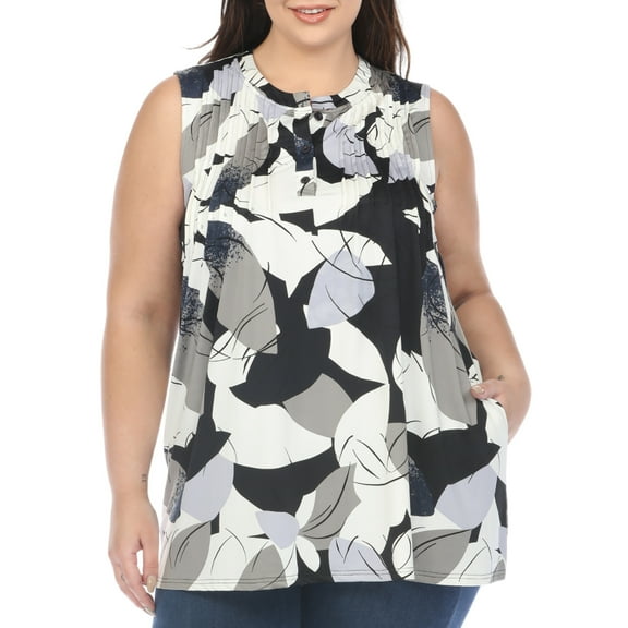 White Mark Women's Plus Size Pleated Front Sleeveless Tunic Top