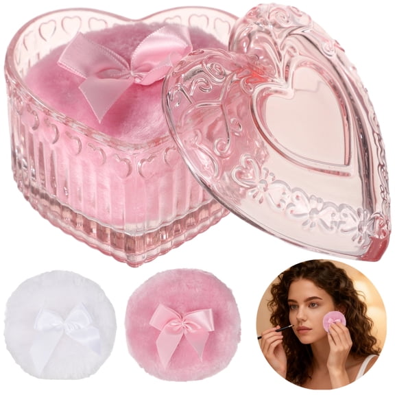 3 Pcs Large Powder Puff Set, Heart-shaped Glass Container with Soft Plush Makeup Puffs, Washable & Reusable, Cute Vanity Décor for Wet and Dry Makeup
