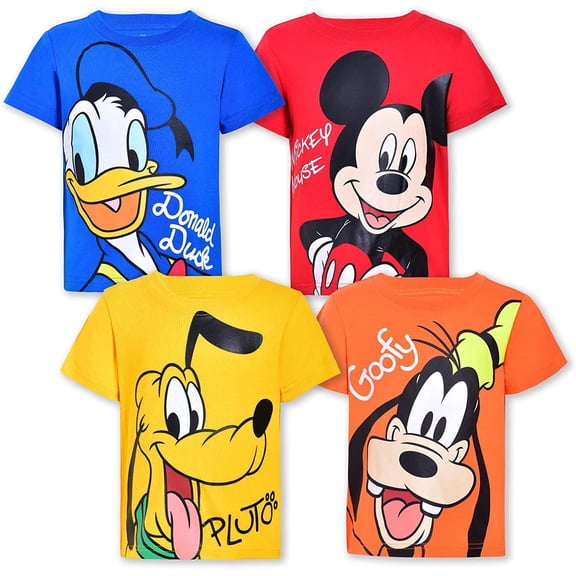 Disney Mickey Mouse Donald Duck and Goofy Short Sleeve T-Shirts (Boys), 4 Pack, Sizes 2T-12