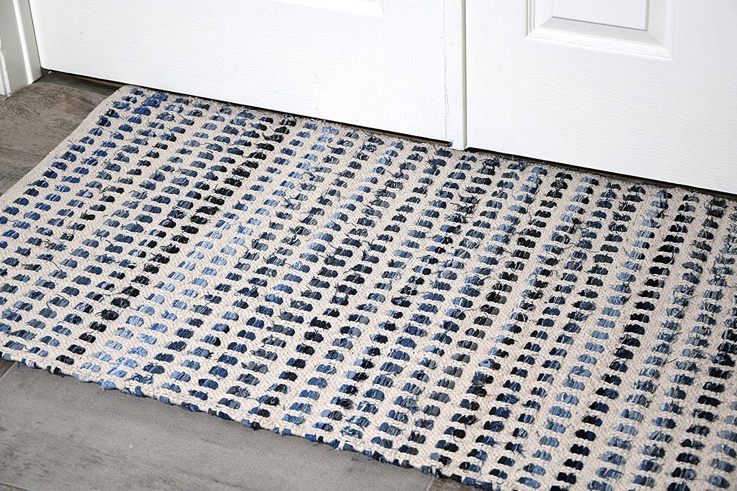 Natural White & Blue Rug Checkered Indoor Large Door Mat NonSlip
