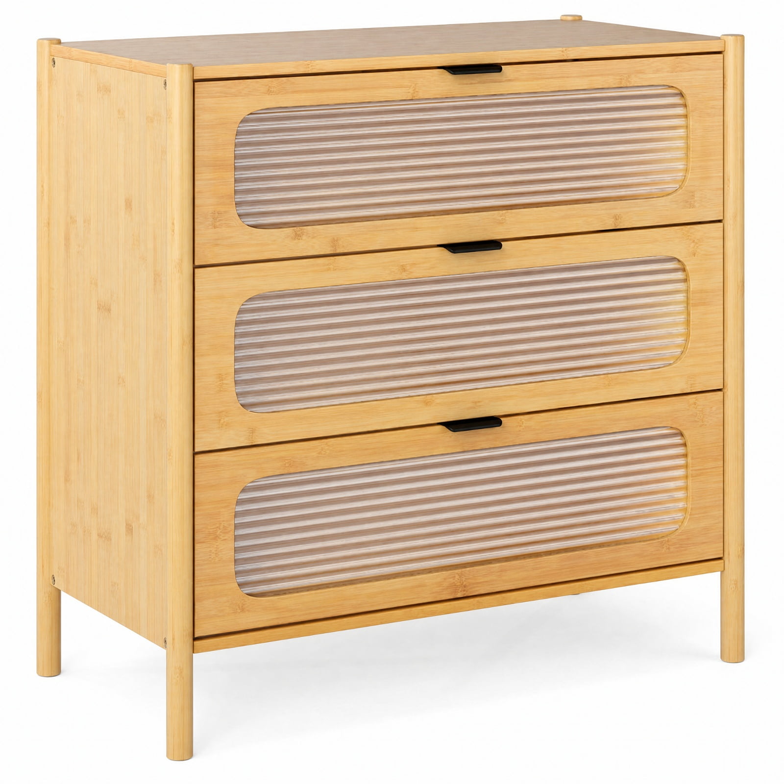 Furnibear 3 Drawer Mid Century Modern Chest of Drawers with Reeded Tempered Glass Front and Bamboo Frame for Bedroom Living Room, Natural