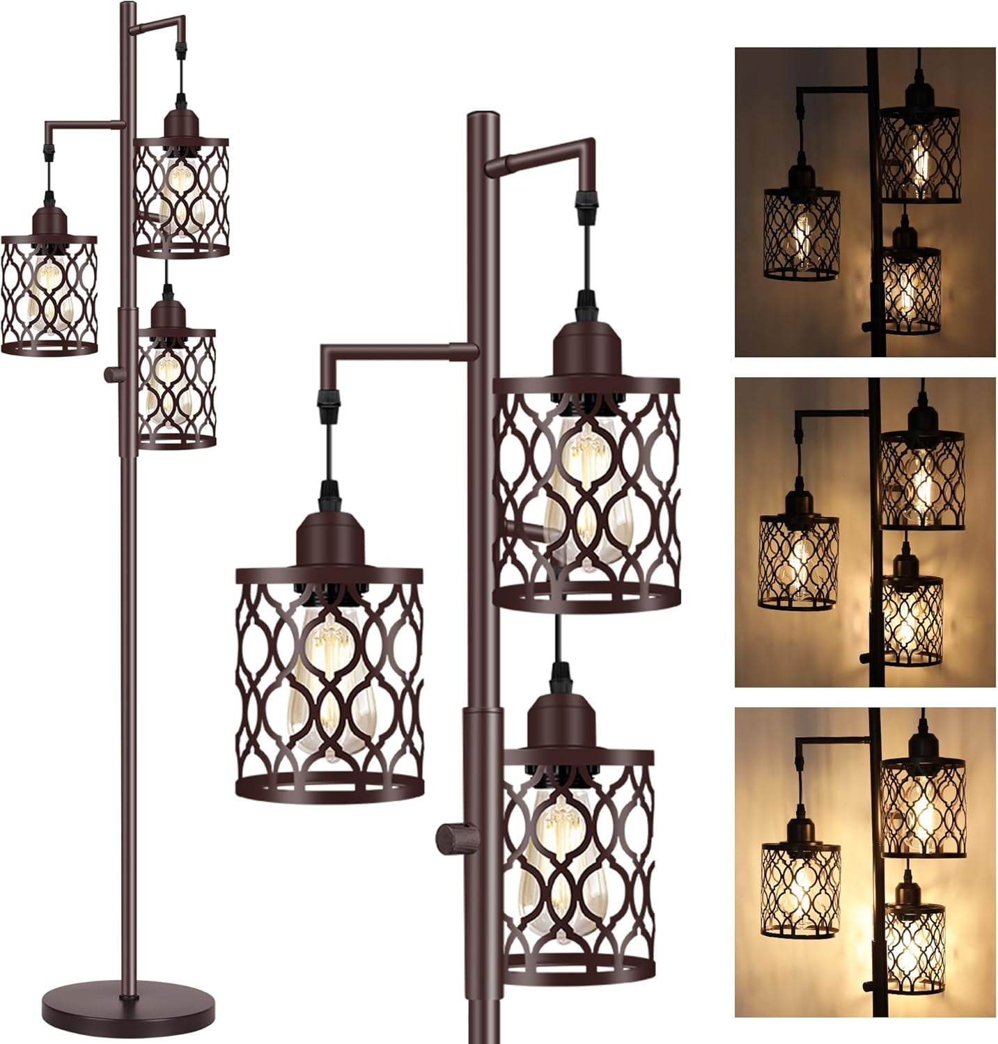 68" Gold Floor Lamp, Dimmable Industrial Floor Lamps for Living Room, 3 Light Rustic Standing Tall Lamp Including 3 PCS 6W E26 Bulbs, Farmhouse Tree Floor Lamp for Bedrooms, Office, Bar
