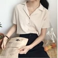 thumbnail image 2 of Camisa de mujer Verano Manga corta Cuello en V Botón Suelto Casual Top, Albaricoque, S tholdsy AP001363-07B, 2 of 7