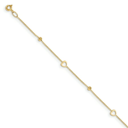Yellow Gold Diamond Cable - 14K Yellow Gold Polished & Diamond Cut Hearts with 1 In Extender Cable Chain Anklet