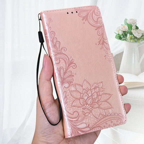 Dteck Compatible Case with Samsung Galaxy S22,Luxury Shockproof PU Pattern Embossed Flip Wallet Magnetic Kickstand Cover with Wrist Strap.For Samsung Galaxy S22,Rosegold