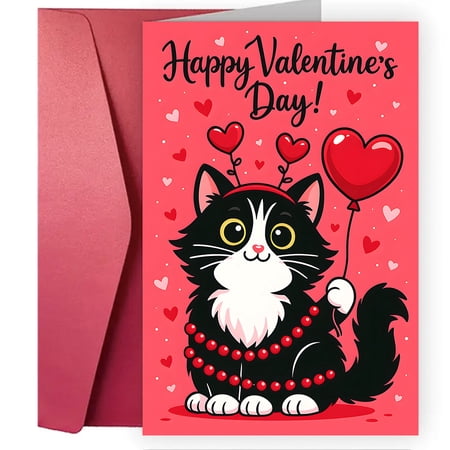 Happy Valentine s Day Cat Card - Cute Kitten Design with Hearts and Balloons - Blank Inside for Personal Messages - Perfect for Loved Ones Friends or Pet Lovers