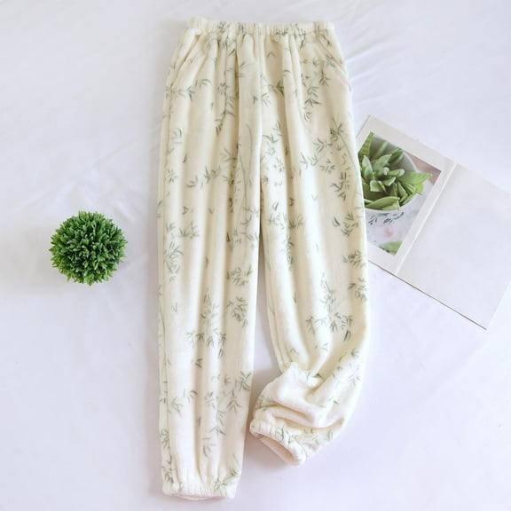 Sunvit-Panties Pajamas Womens Beige Bamboo Print Loungewear Pants - 100% Polyester, Elastic Waist, Tapered Ankle, Side Pockets, Warm for Fall/Winter (M/L/XL),Size M