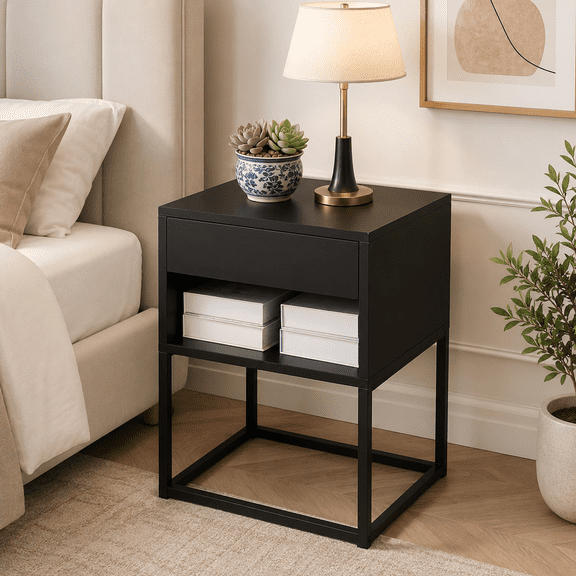 Gewnee 15.91" Small Nightstand with Drawer and Storage Shelf, MDF Wood Side Table with Metal Legs for Small Spaces, Black