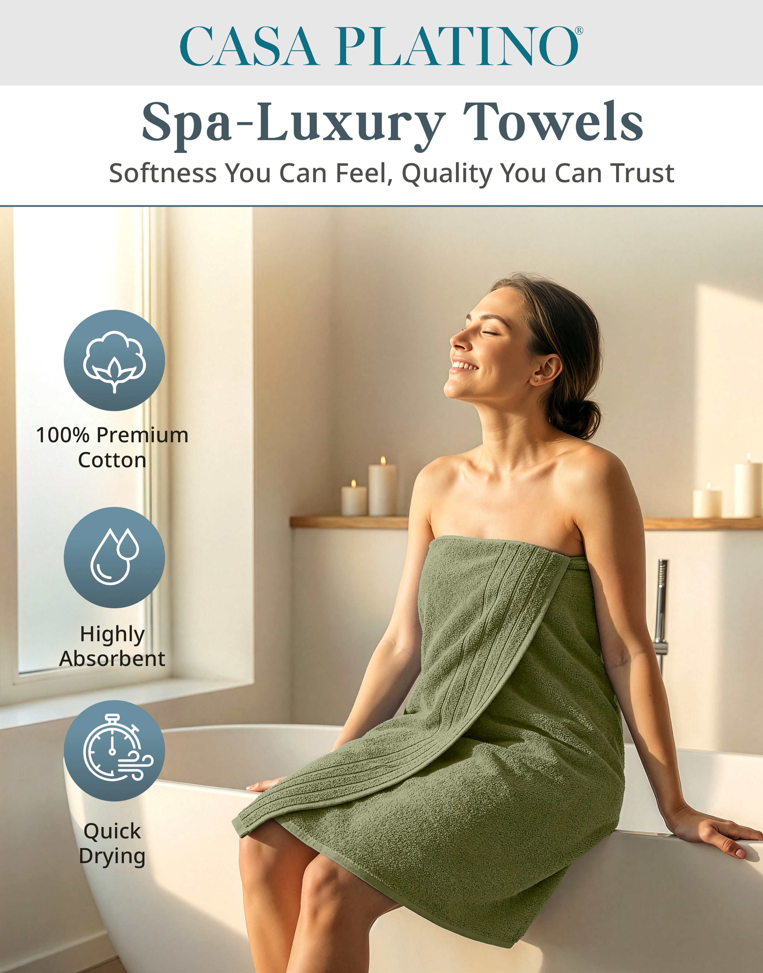 Casa Platino Bath Towel Set of 8– 100% Ring-Spun Cotton, 2 Large Bath Towel, 2 Hand Towels & 4 Wash cloths, Quick Dry & Long-Lasting, Perfect for Family Bathrooms – Oil Green