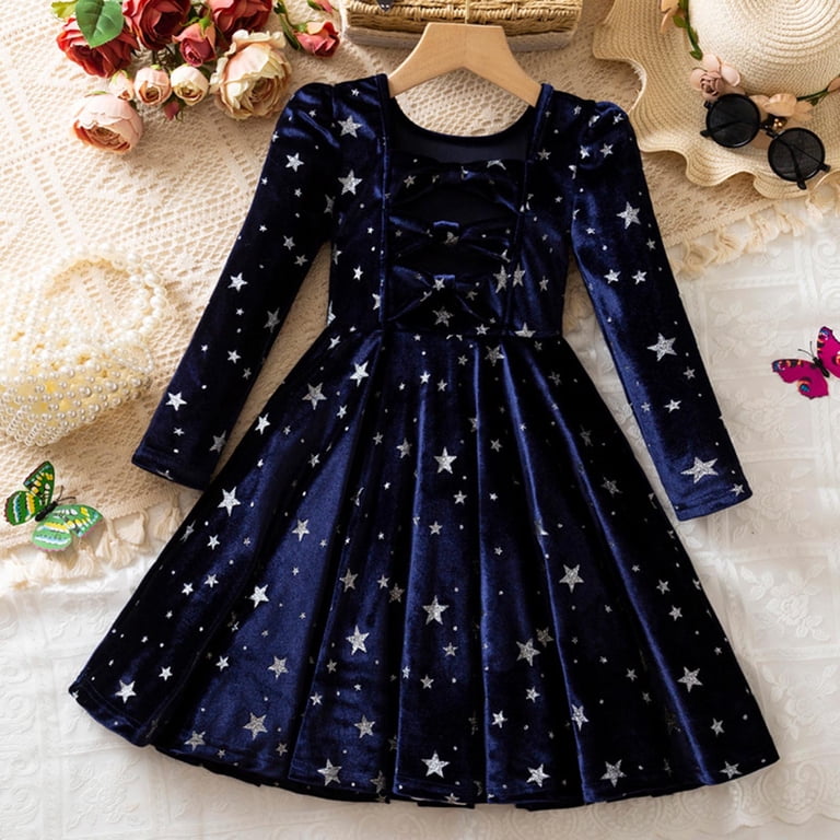 girls navy christmas dress NAISIBABY Girls Velour Dresses, Long Sleeve Shiny Pleated Christmas Party Fall Winter Princess Dresses Navy 6T