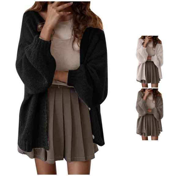 SUXIAN Lightweight Cardigan Balloon Sleeve Jacket Spring Autumn Small Shirt Loose Solid Sweater Cardigan for Women