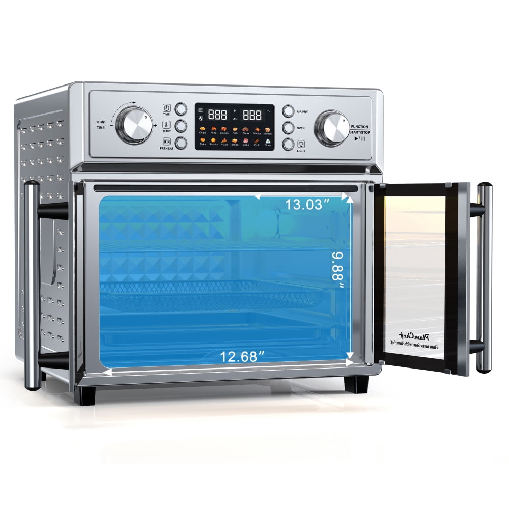 PlumChef 26QT Large Capacity French Double-Door Air Fryer Convection Toaster Oven, 1700W, 14 Preset Menus, 7-in-1 Multi-Function (Bake, Roast, Gril,Toast,Dehydrate&Defrost), Stainless Steel,silvery
