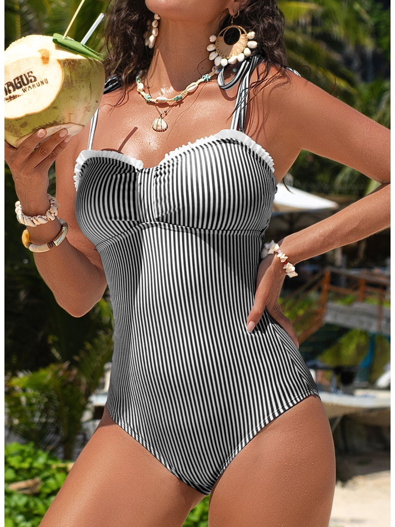 DOKOTOO Womens One Piece Swimsuits Striped Tie Shoulder Bathing