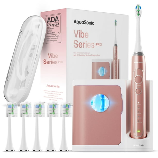 Aquasonic Vibe Series PRO – Cepillo de dientes eléctrico ultrablanqueador – 5 modos y temporizadores inteligentes – Base desinfectante UV – Aceptado por ADA (oro rosa satinado)
