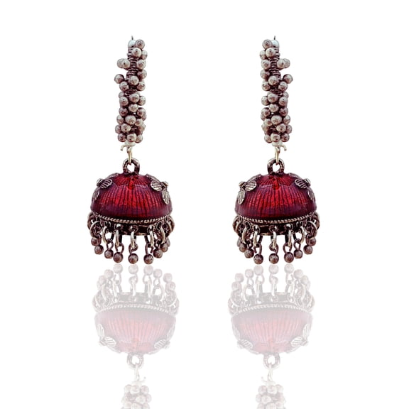 Moonstruck Ethnic Oxidised Meenakari Alloy Jhumkas With White Pearls For Women (Maroon)