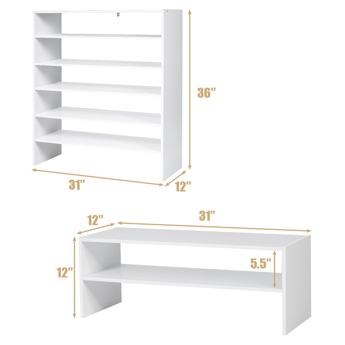 Topbuy 2-tier Stackable Shoe Rack 31" Width Organizer Shelf Set of 3 White