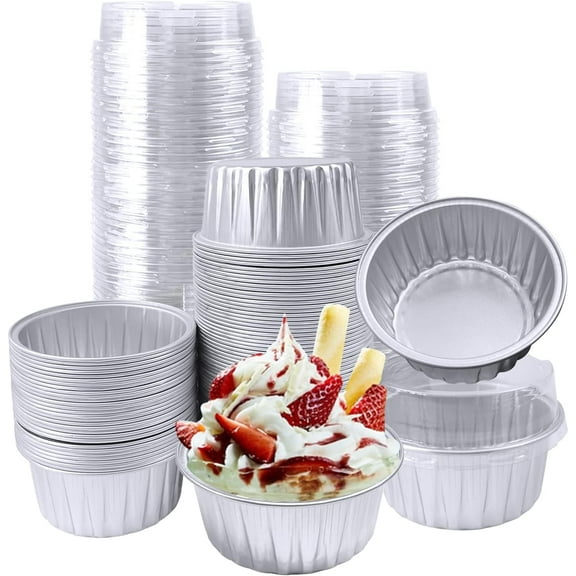 100Pcs Aluminum Cups with Lids,5oz Disposable Ramekin Baking Cups Muffin Liners Mini Pie Pans Foil Cupcake Containers for Christmas Party Wedding,Silver