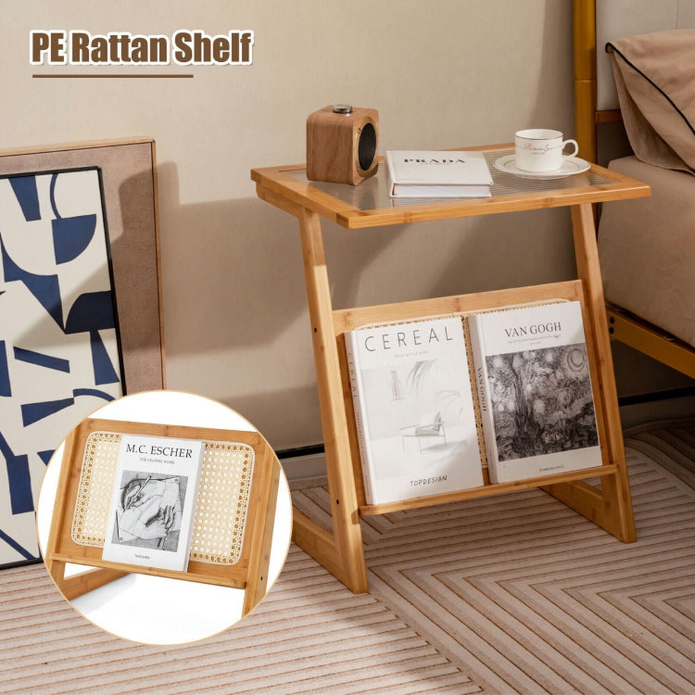 Finihen End Table, Z-shaped End Table with Magazine Rack and Rattan Shelf, Sofa Side Table, Bed Side Table, for Living Room, Bedroom, Natural Finihen End Table, Z-shaped End Table with Magazine Rack and Rattan Shelf, Sofa Side Table, Bed Side Table, for Living Room, Bedroom, Natural