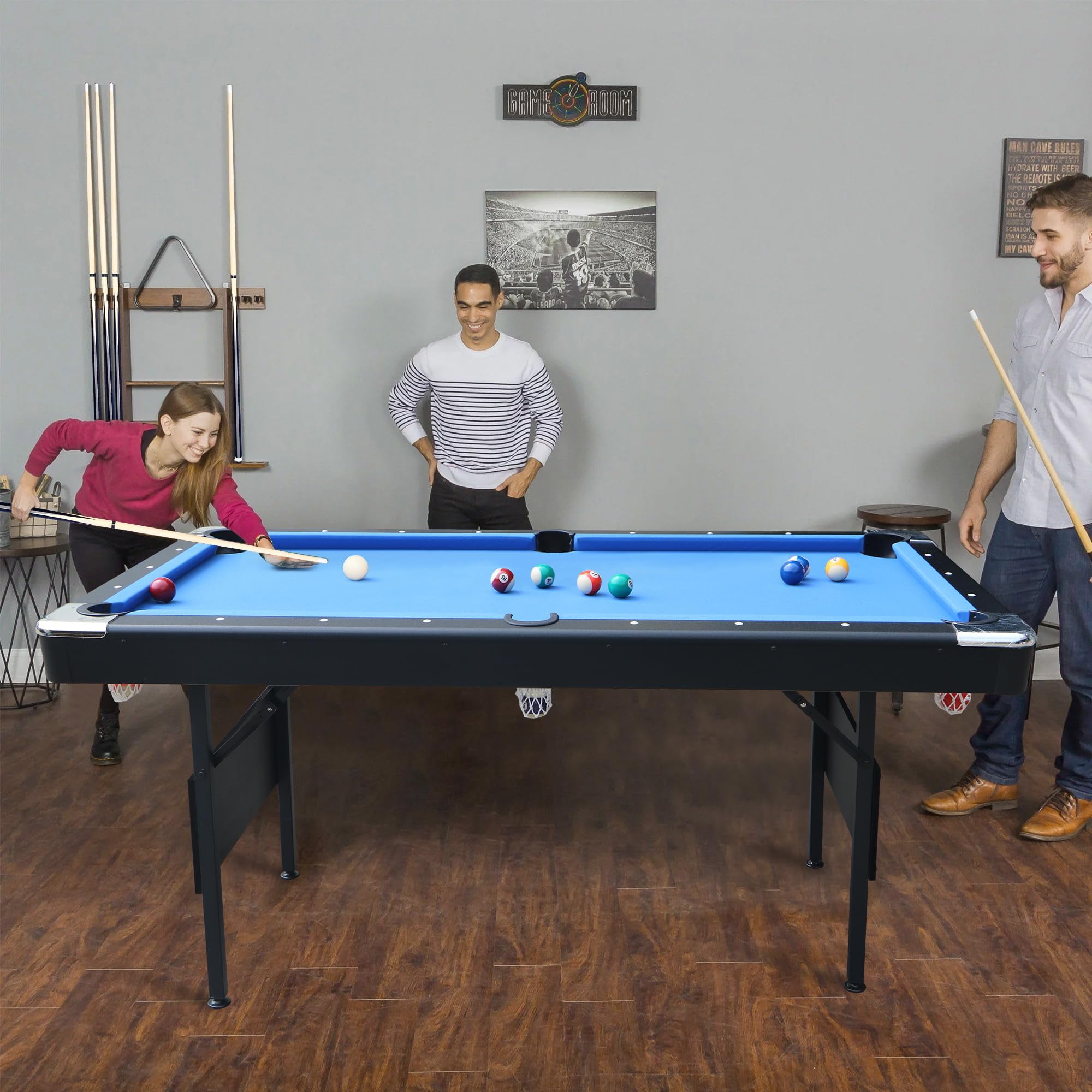 Miniyam 5.5ft Folding Pool Table, Portable Billiards Game Table with Accessories for Families, Sky Blue