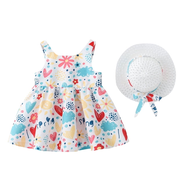 Vestido de verano para niña pequeña, sin mangas, con cuello halter y flores, con gorro para jugar a diario (blanco, 1-2 años), en liquidación (menos de $5.00)