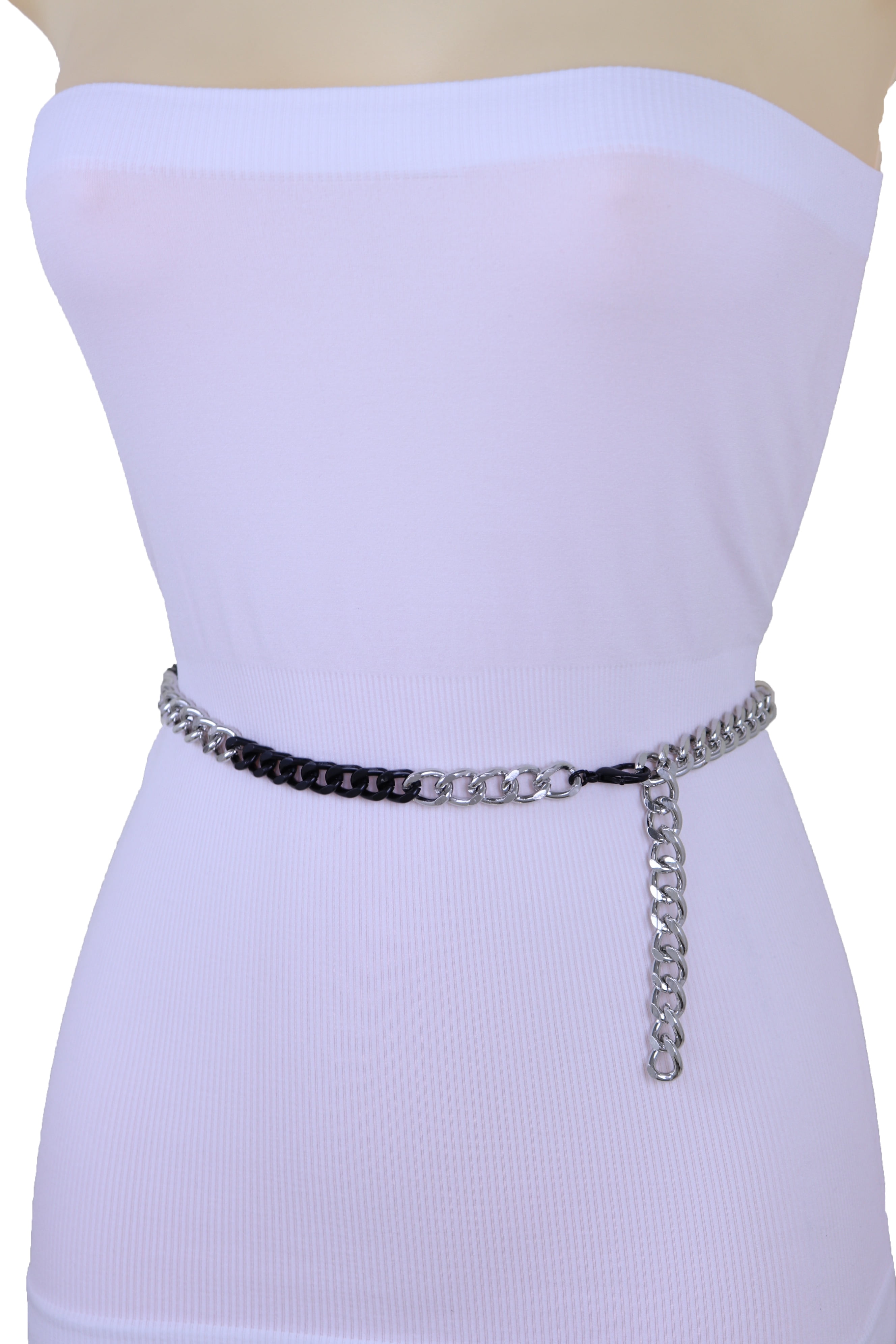 Women Thin Belt Hip Waist Silver Metal Chain Blue Square Fashion Skinny M L XL 