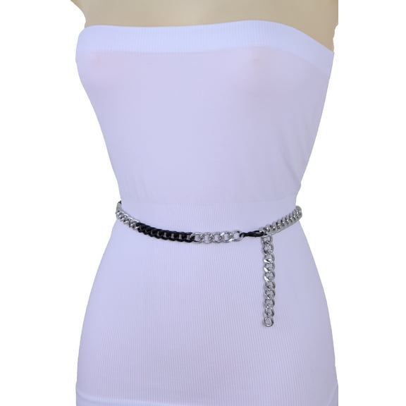 Women Black Silver Metal Chain Links Fashion Waisted Skinny Belt M L XL