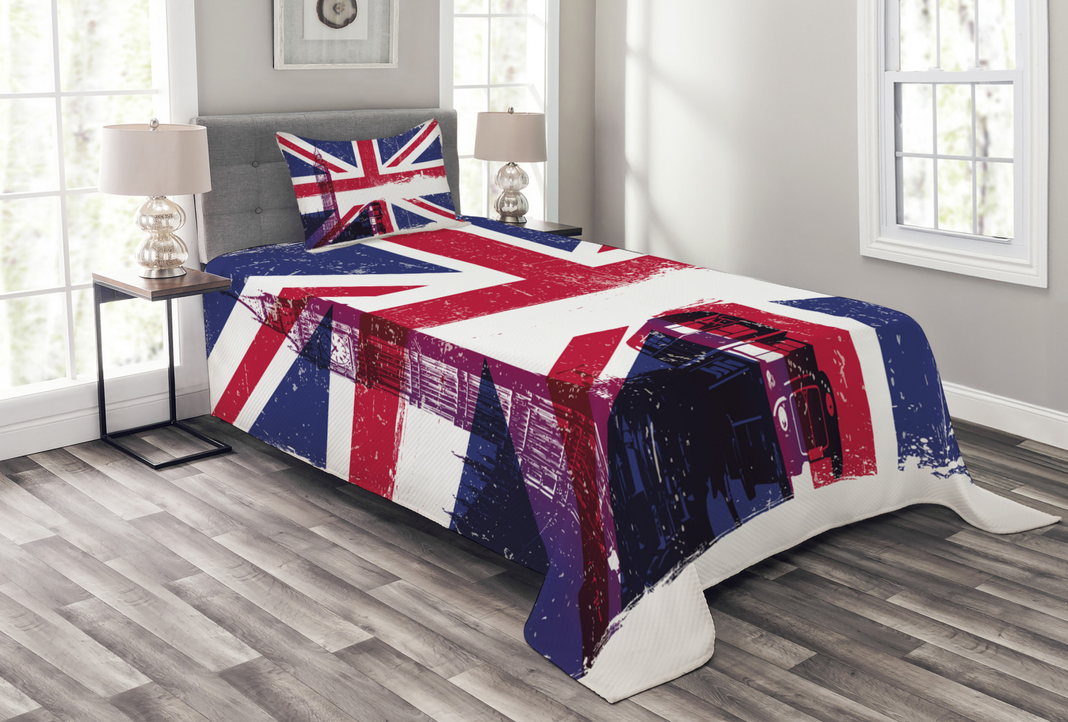 Union Jack Bedspread Set Twin Size, Grungy Aged UK Flag Big Ben Double