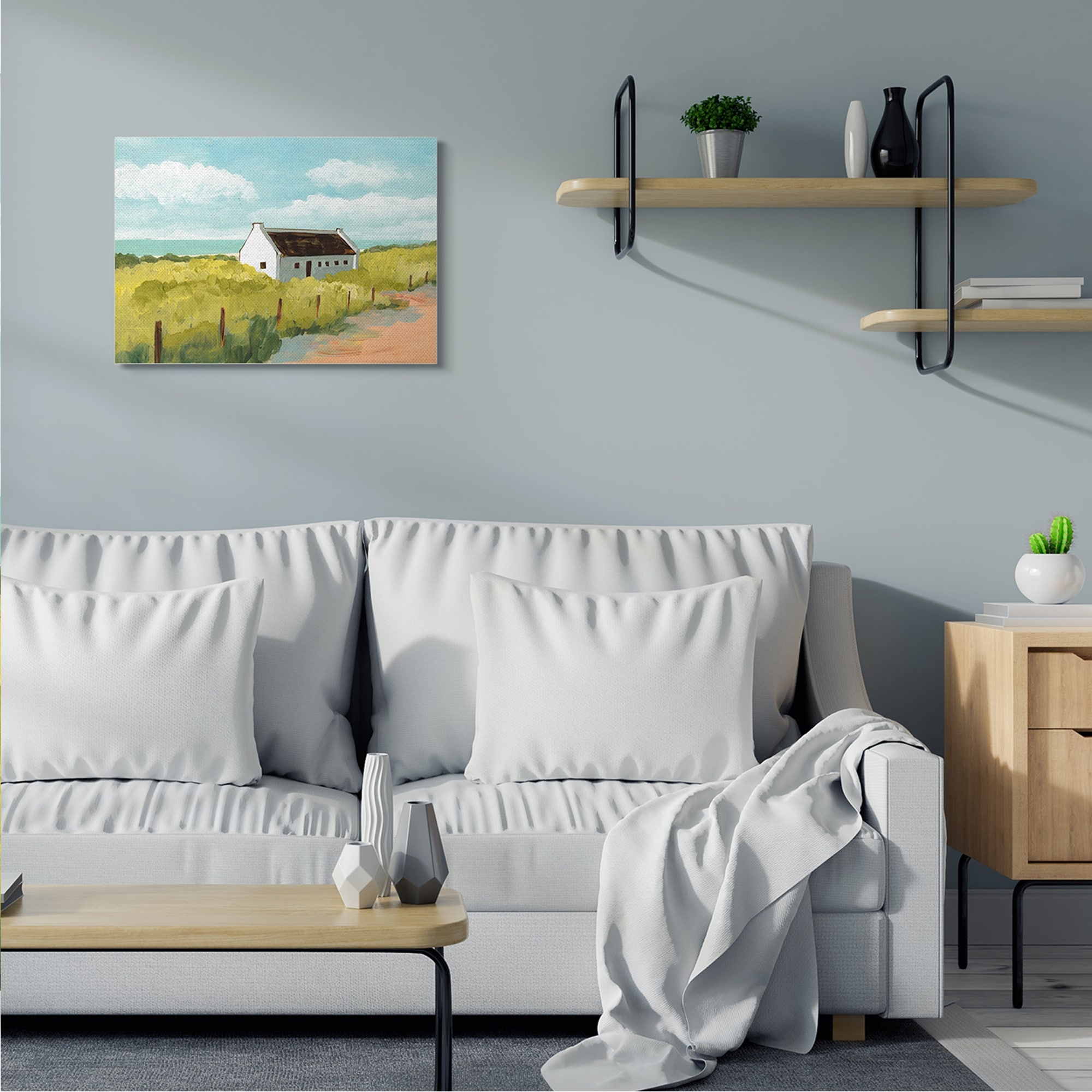 White Cabin Architecture Grassy Coastal Beach Landscape 30 in x 24 in Painting Canvas Art Print, by Stupell Home Décor
