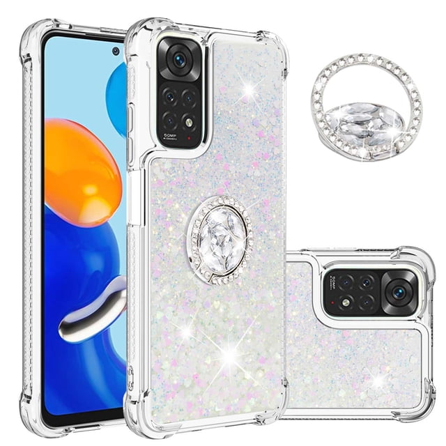 Funda para Xiaomi Redmi Note 11 4G/Note 11S 4G con Brillo Líquido Flotante, Purpurina, Parachoques y Anillo Giratorio Soporte