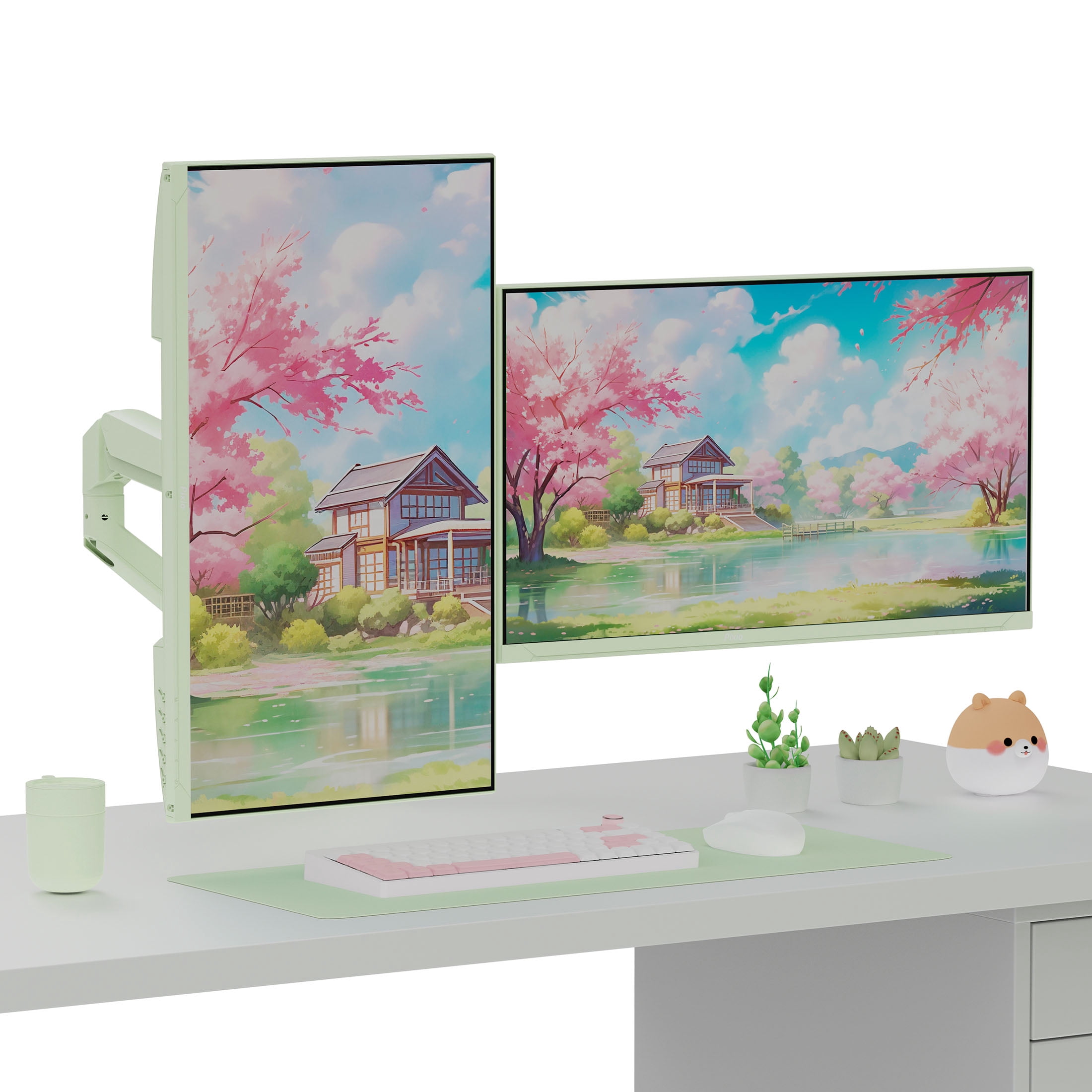 Pixio PS1D Wave Mint Green Dual Monitor Arm Stand Desk Mount - Fits up to 32 inches Monitors and up to 19.8lbs. VESA Compatibility and Integrated Cable Management