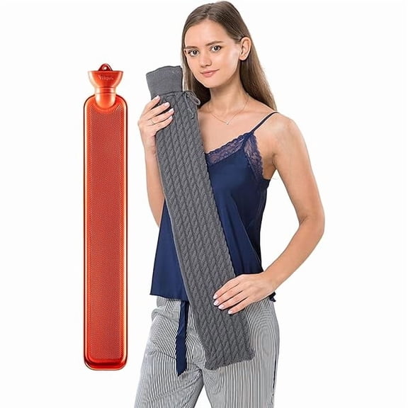 wen997 Long Hot Water Bottle with Gray Cable Knit Cover, Natural Rubber, Pain Relief for Neck and Back, BPA & Phthalate Free