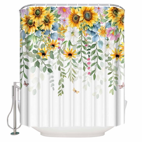 Shower Curtain Bathroom Set Sunflower Green Leaf Watercolor Waterproof Fabric Shower Curtains with Grommets&Hooks Blossom Floral Privacy Bath Curtain for Bathtub 36x72in