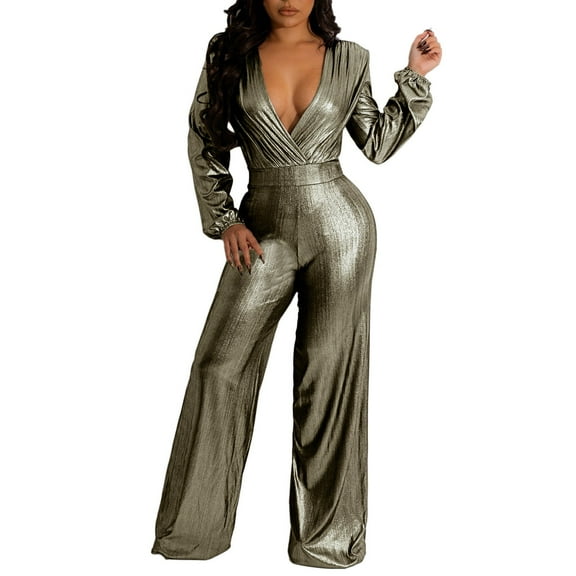 MSJUHEG Long Sleeve Workout Set,Jumpsuits for Women,Matching Sweat Sets for Women,Tracksuit for Women,Jumpsuits Slim Fit Nightclub Wide Leg Jumpsuit,Wide Leg Jumpsuits for Women Gold L