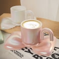 thumbnail image 5 of Tazas de café de cerámica, tazas creativas y lindas con platillos con forma de lazo, novedosas tazas de café con agarre cómodo para oficinas y familias, 6,5 onzas para té con leche y leche., 5 of 5