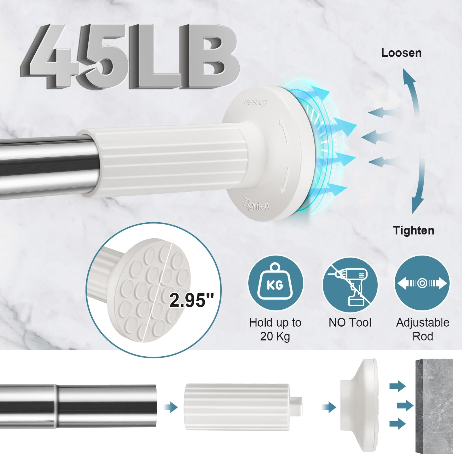 Shower Curtain Rod 51-168 In Long Outdoor Tension Curtain Rod for Patio, Adjustable Curtain Rod No Drilling, Spring Tension Rod for Bathroom Window Easy to Install No Rust, Stainless Steel, White
