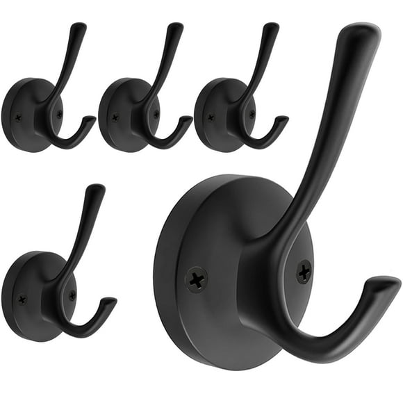 TOFIIGREM Ganchos para toallas de pared, color negro, paquete de 5, ganchos para batas, de metal resistente, doble gancho para baño, ganchos para sombreros montados en la pared, para cubículo, baño, c