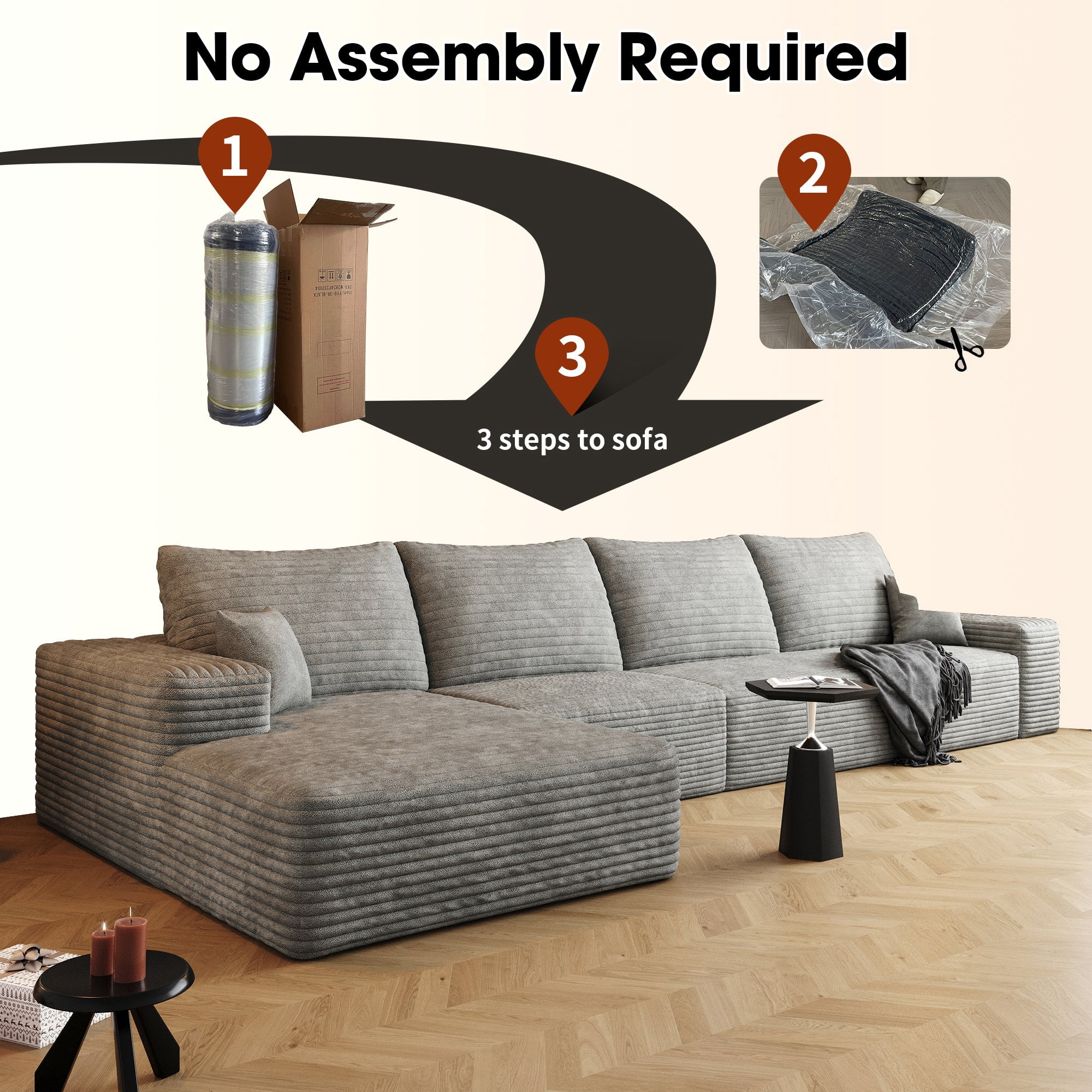 Sailvan 135" Cloud Sectional Couch, Cloudy Sofa with L-Shape Chaise, Upholstered Couches for Living Room & Bedroom, No Assembly Required, Plush Corduroy Fabric, Gray