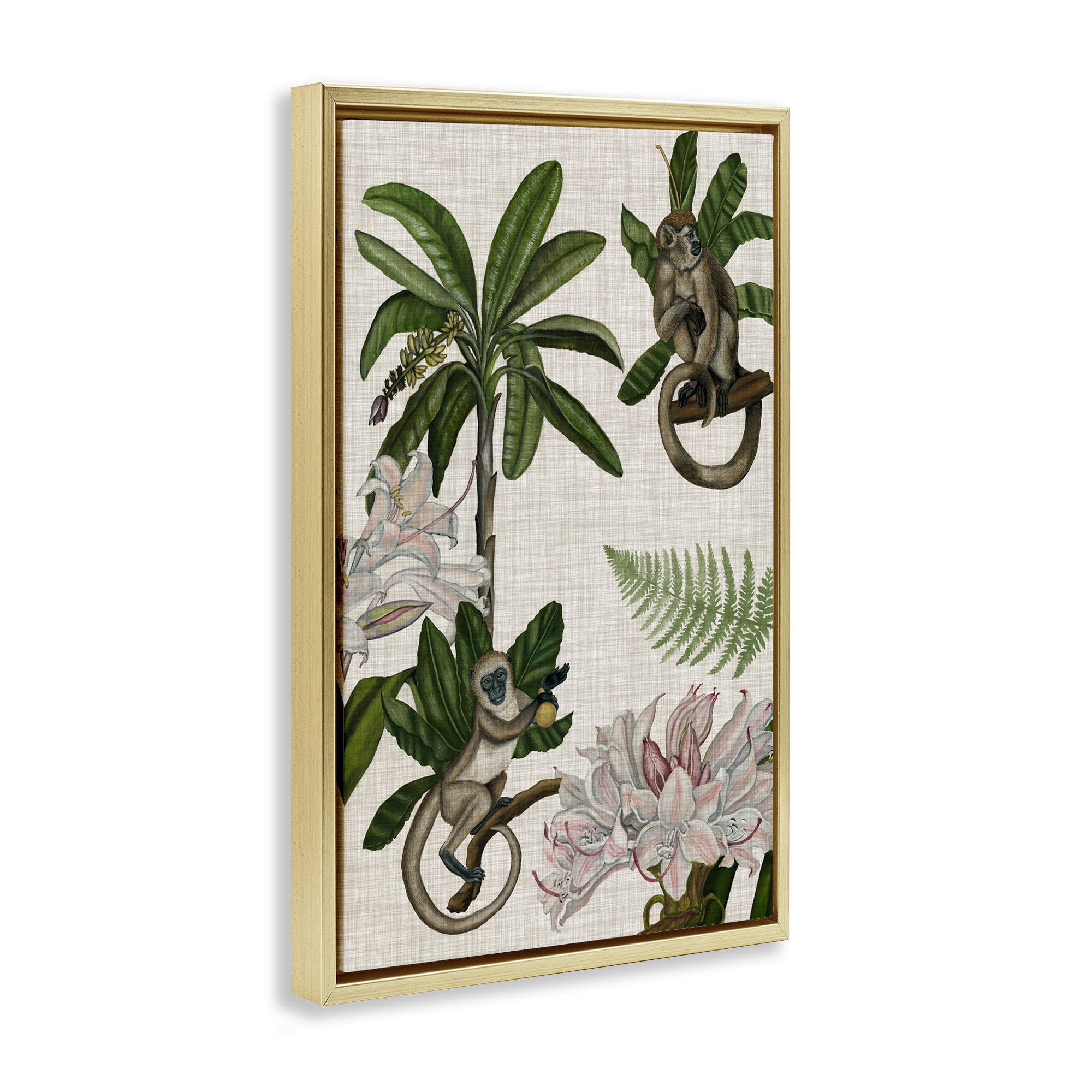 Stupell Industries Tropical Monkey Studies Plants & Flowers Painting Gold Floater Framed Canvas Art Print Wall Art, 21 x 31