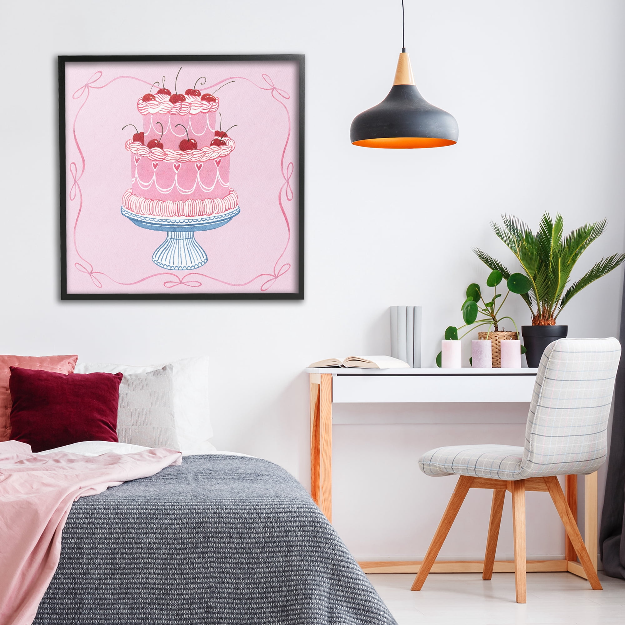 Stupell Industries Romantic Pink Cherry Cake Black Framed Giclee Art, design by Grace Popp