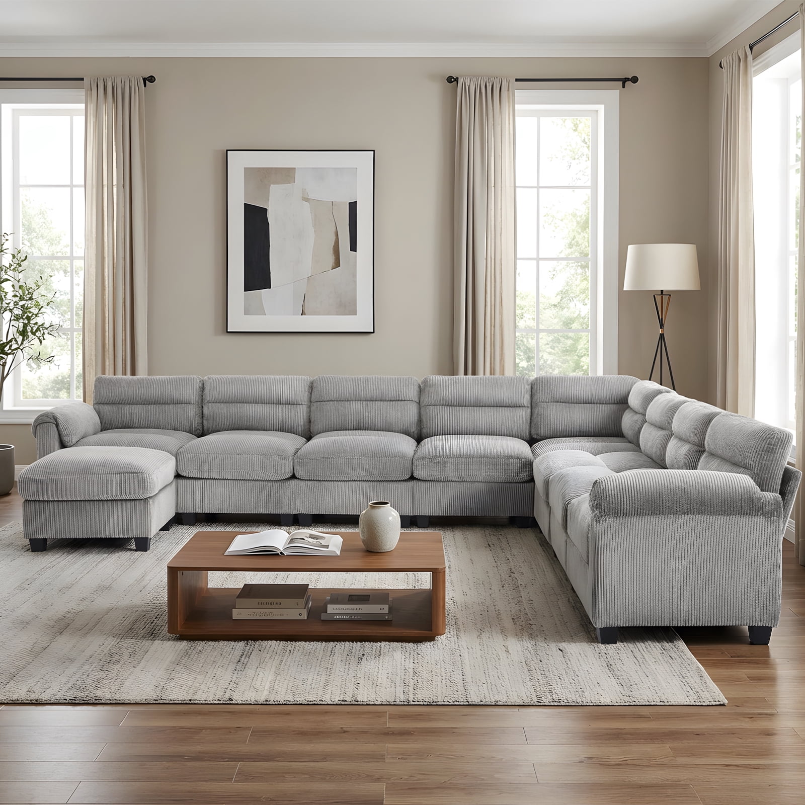 Bonzy Home Convertible Sectional Sofa With Ottoman, Ultra‑Comfort Seating – Configurable for Living Room & Family Room, Gray